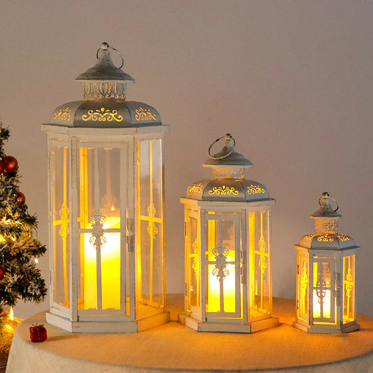 Set of 3 Candle Lanterns Outdoor Vintage White Metal