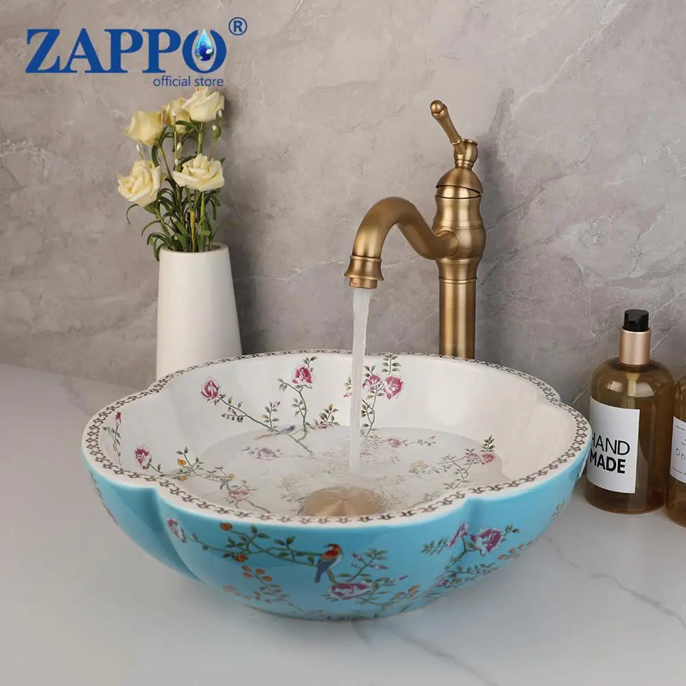 ZAPPO Ceramic Sink Above Counter Round Petal Pattern Faucet