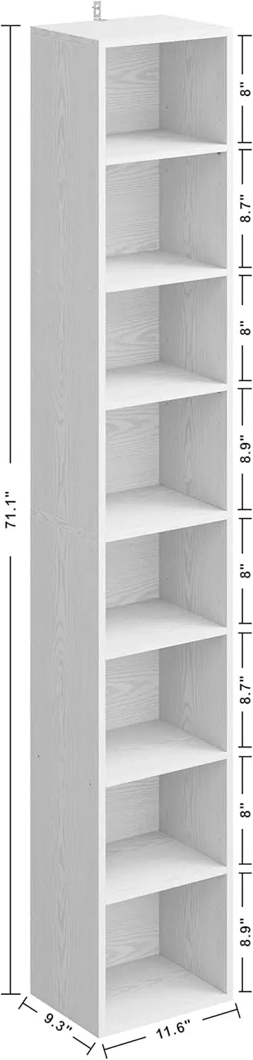 Eight Tier Tall Narrow Corner Bookshelf For Living Room Office Study White