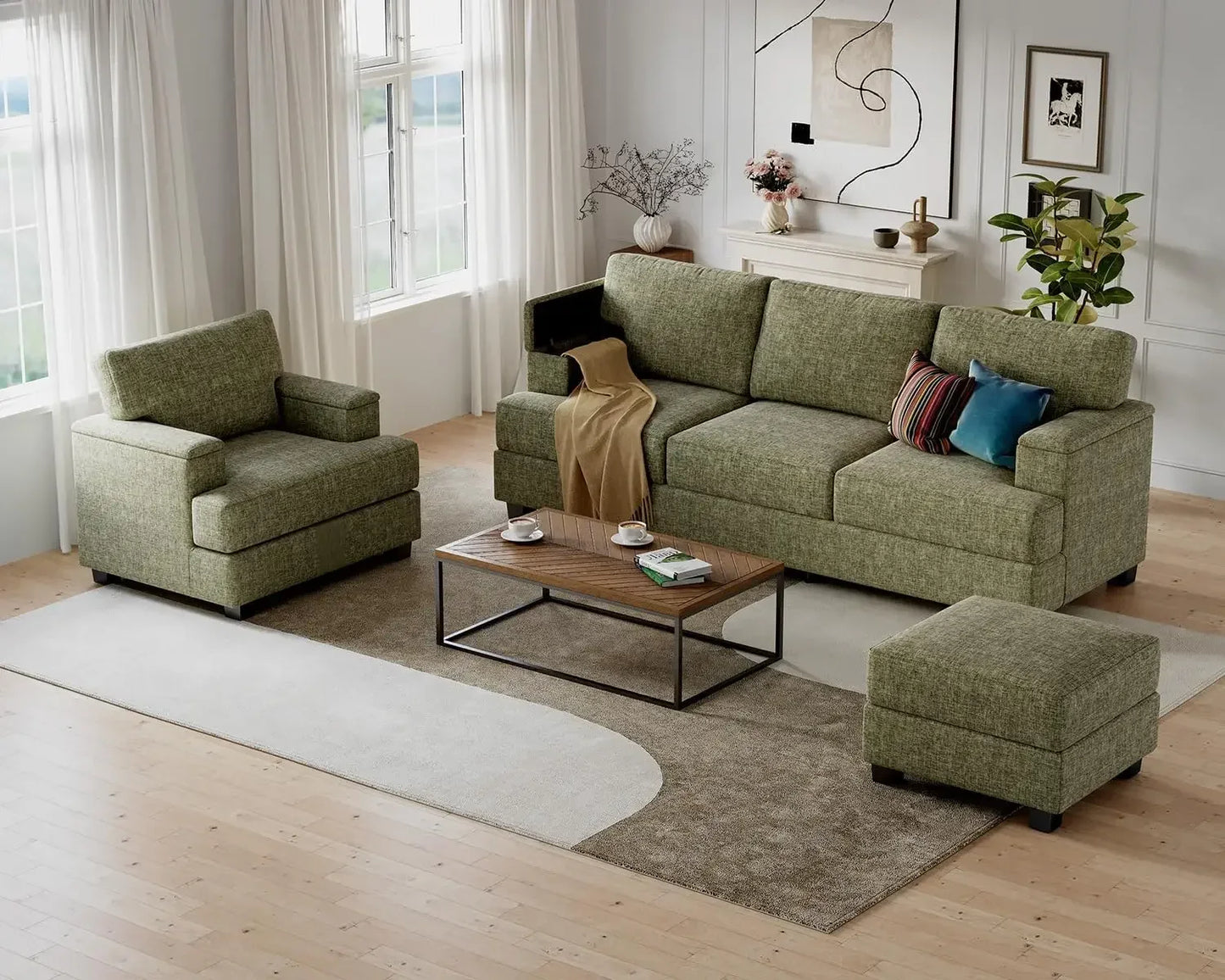 85 Inch L Shaped Couch With Movable Ottoman Chenille Sectional Sofa