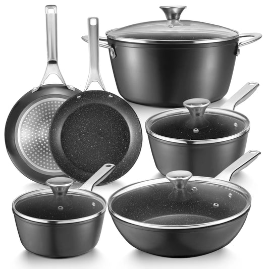 Induction Cookware Nonstick 10 Piece BEZIA Pots and Pans Set for Induction Cooktop Compatible with All Stoves