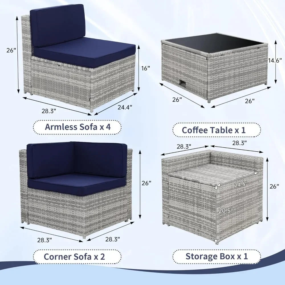 Eight Piece Outdoor Grey Rattan Patio Set With Glass Table And Hidden Storage