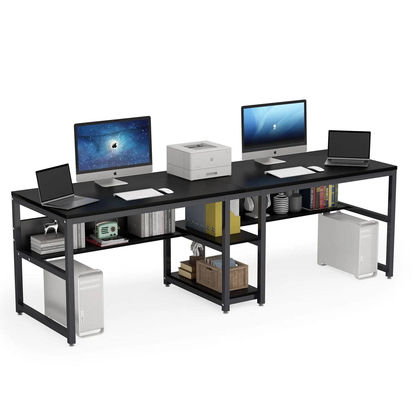 Tribesigns Two Person Desk With Bookshelf 78.7 Inch Rustic Double Computer Desk