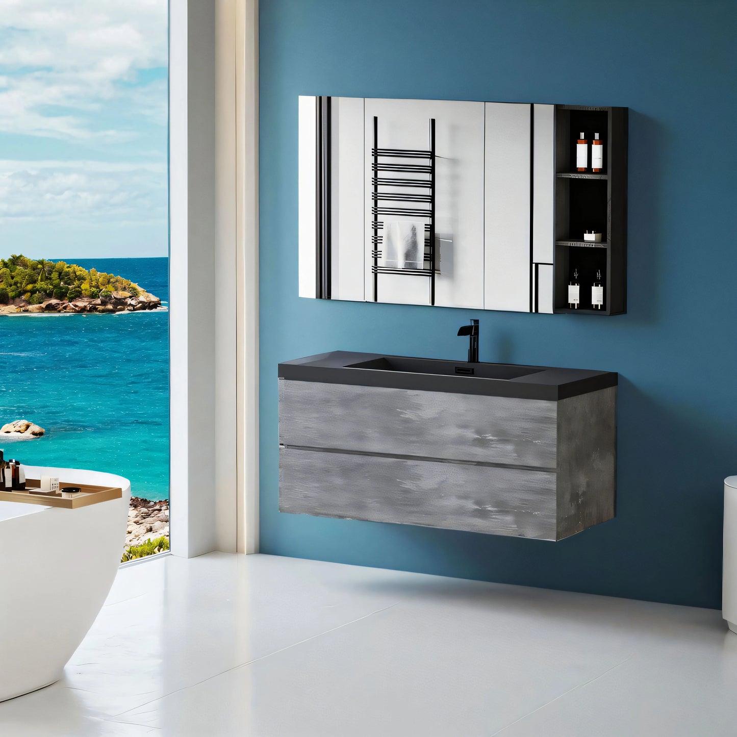 48 Inch Floating Bathroom Vanity With Sink Black Quartz Top