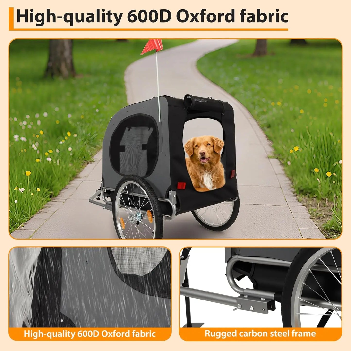 Steel Dog Bike Trailer With Universal Coupler Folding Pet Carrier 40kg