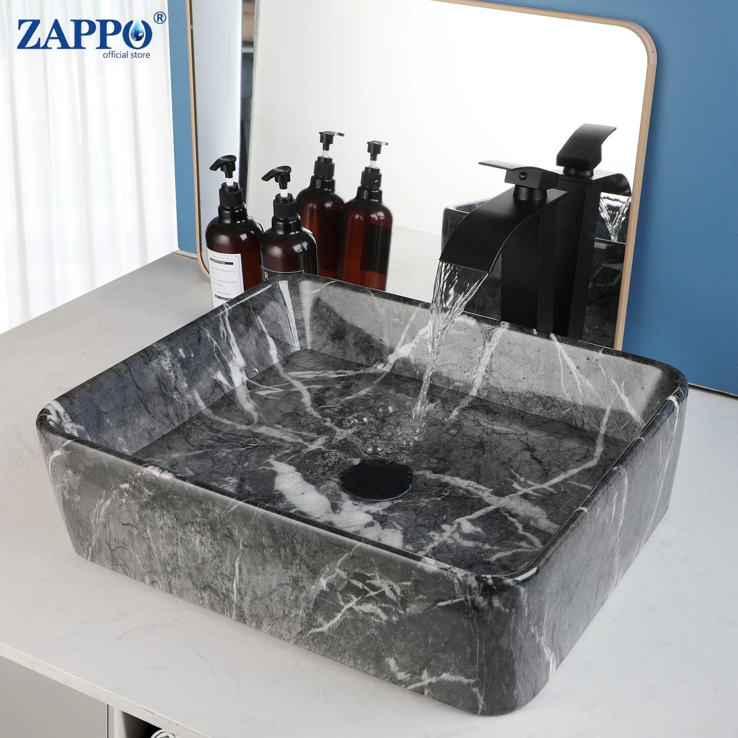 ZAPPO Black Rectangular Vessel Sink with Faucet and Drain