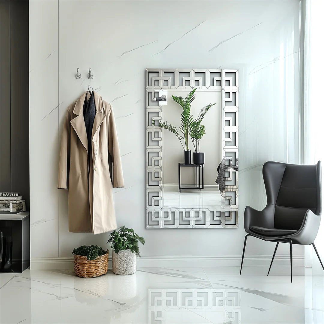 LUVODI 48 Inch Silver Wall Decorative Mirror Polished Hollow Out Accent Mirror for Hallway Living Room and Fireplace