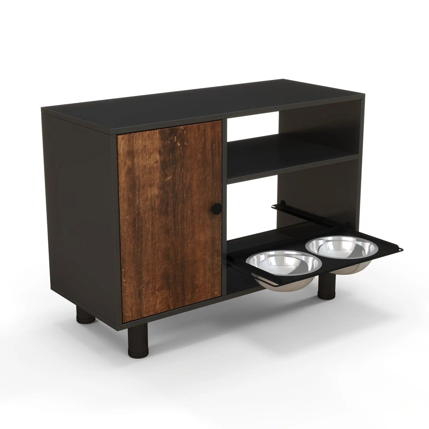 Wooden Pet Feeding Table With Food Storage Cabinet And Double Pullout Bowls