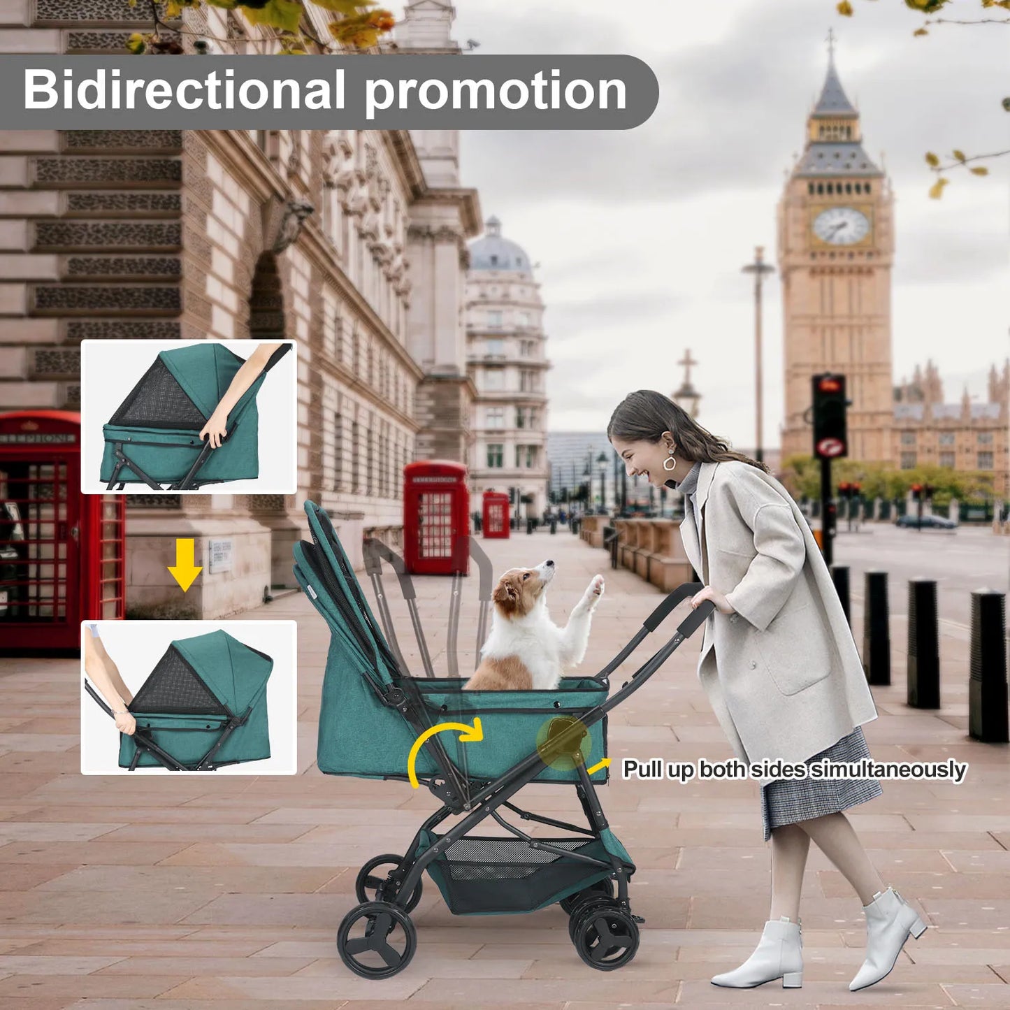 Medium Dog Pet Stroller With Poop Bags Reversible Handlebar