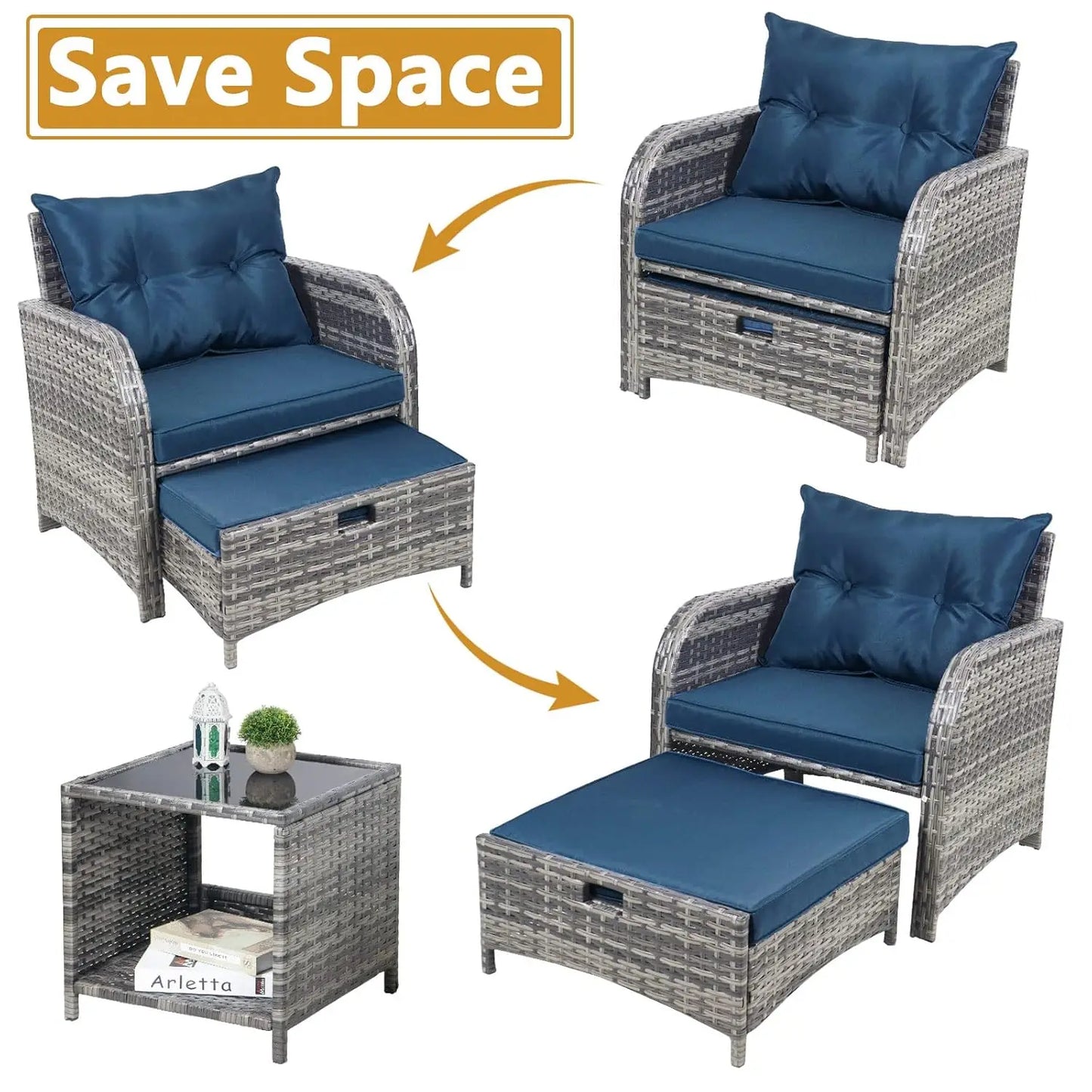 5 Piece Wicker Outdoor Patio Chairs With Ottomans All Weather PE Rattan Set