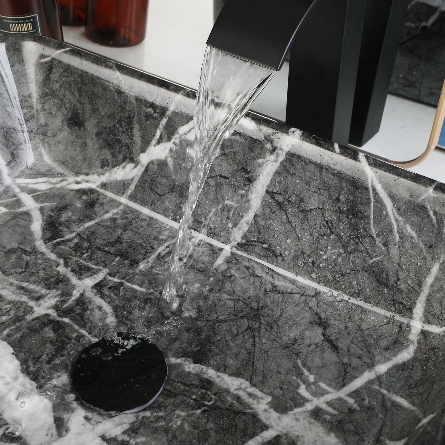 ZAPPO Black Rectangular Vessel Sink with Faucet and Drain