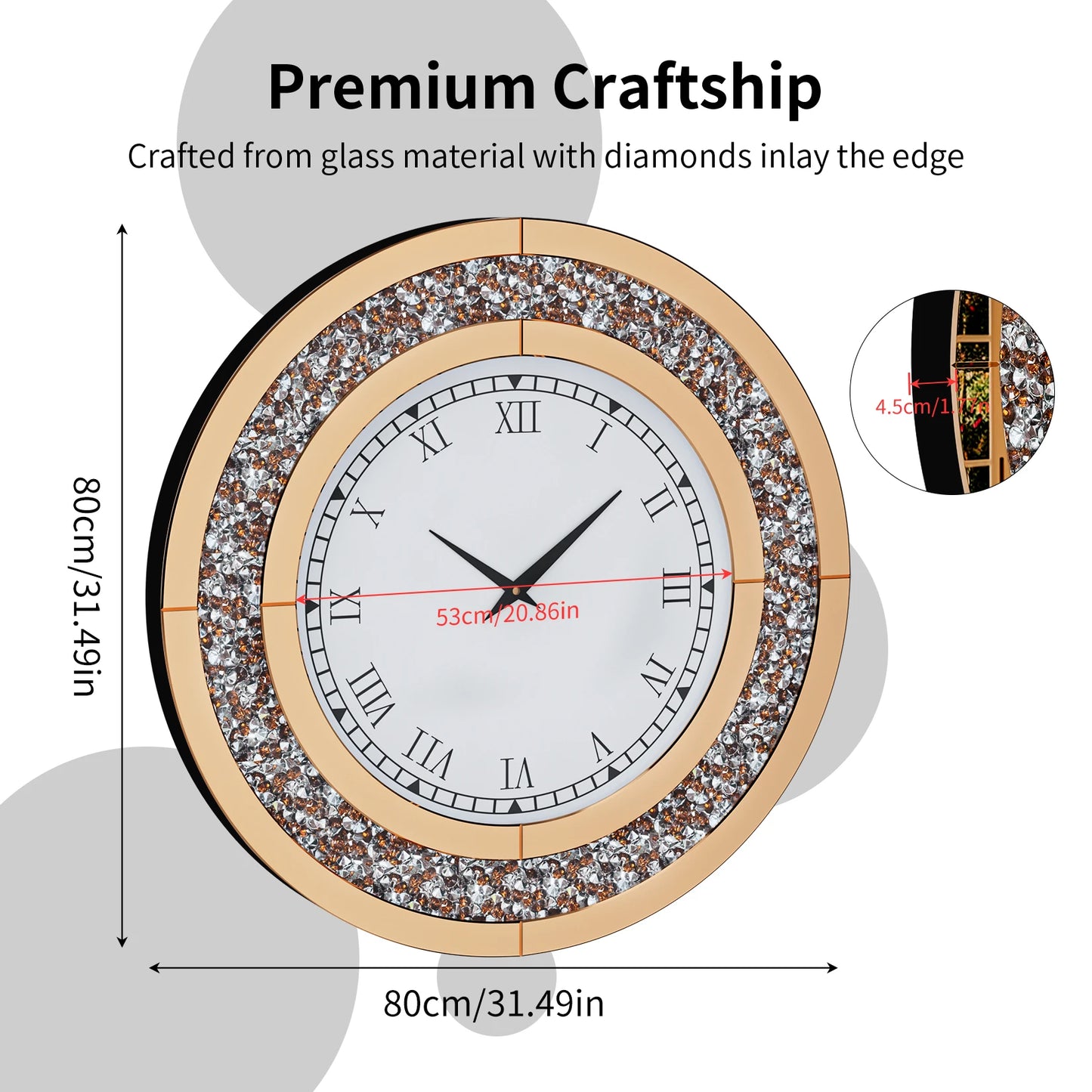 60 to 80 CM Bling Silver Round Mirror Clock Glam Sparkle Twinkle Shining Wall Clock for Home Decor