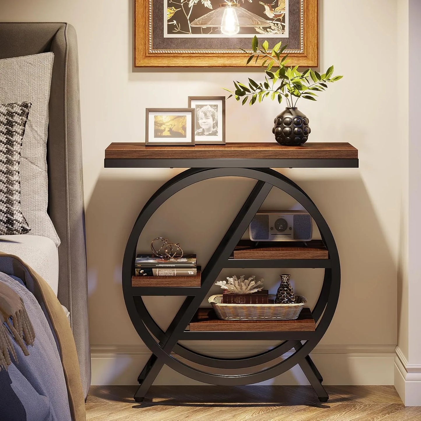 3 Tier Narrow Side Table With Storage Geometric Metal Frame