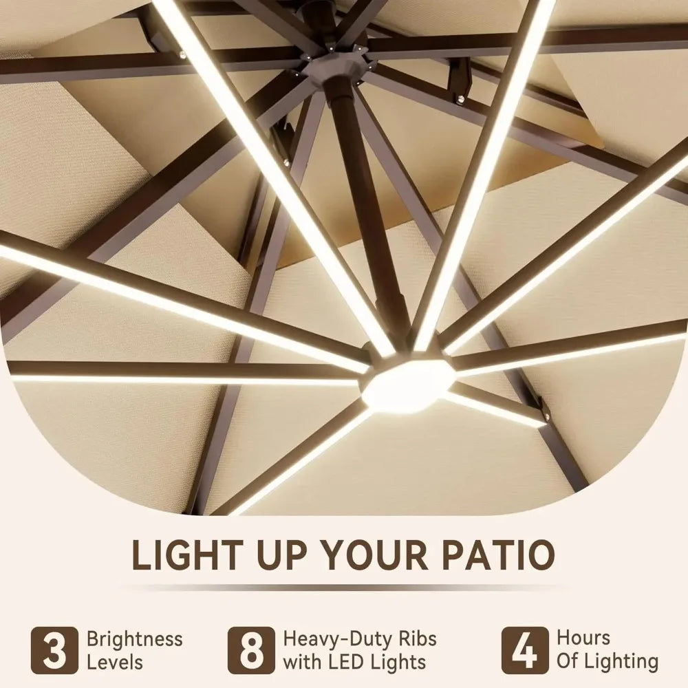 10x13 Ft Cantilever Outdoor Patio Umbrella With LED Lights Beige 360 Rotation