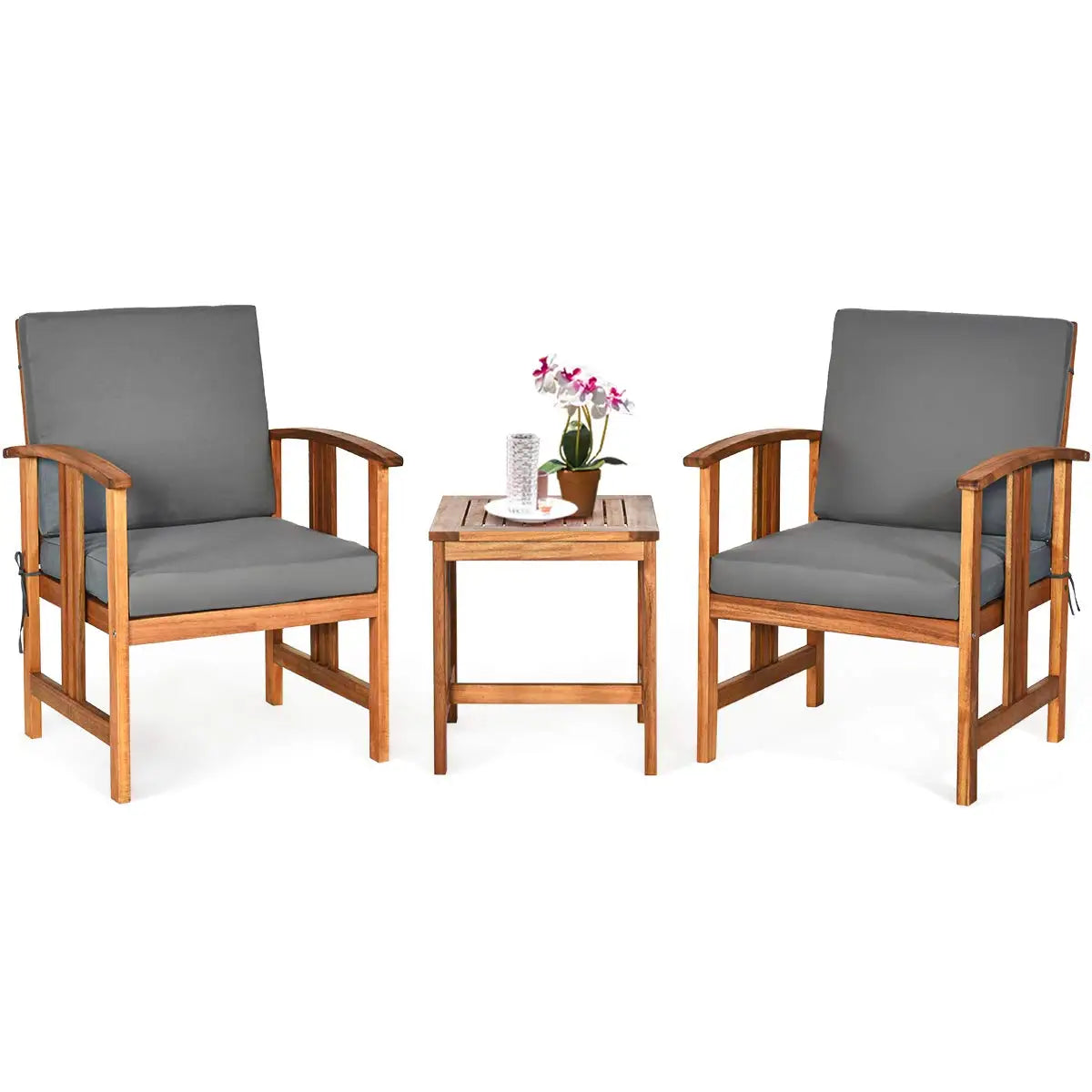 3 Piece Patio Furniture Set With Acacia Wood Cushioned Chairs And Coffee Table