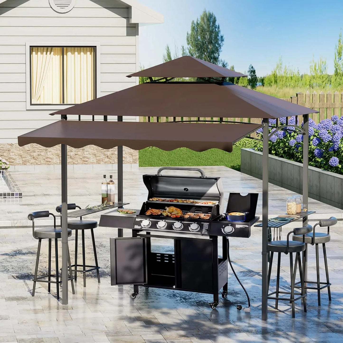 8x8x5 Ft BBQ Gazebo Double Tier Patio Canopy Tent With Side Awning Shelves