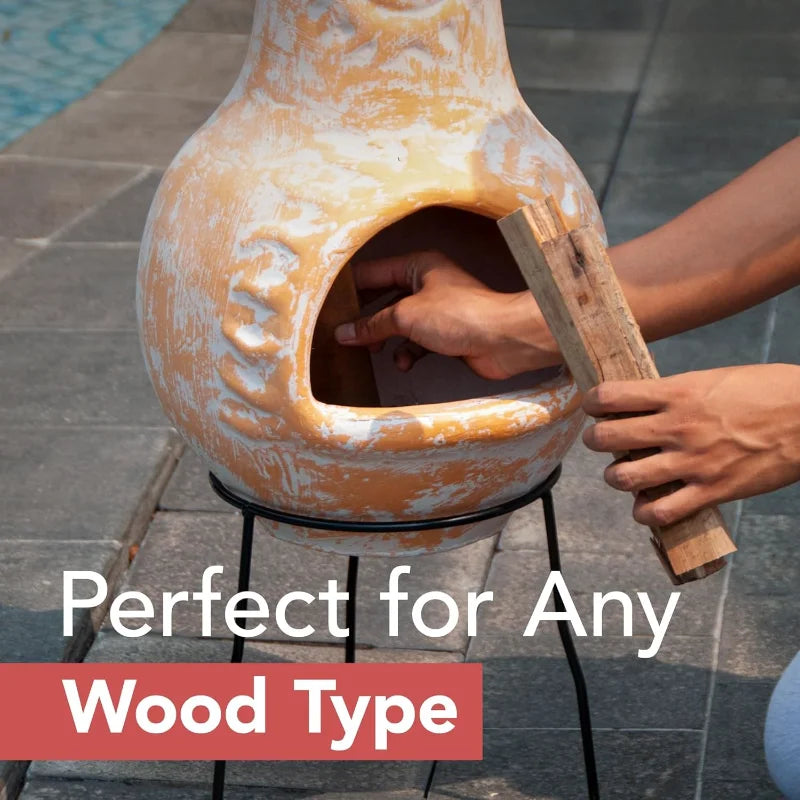 Medium Outdoor Clay Chimeneas With Chimney Rain Lids And Metal Stands Terracotta