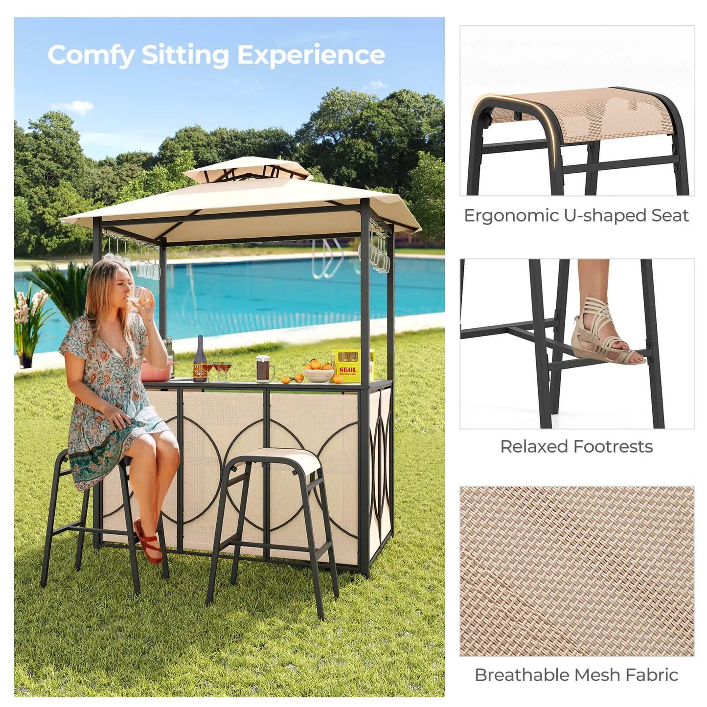 3 Piece Patio Bar Set Tempered Glass Bar Table And Metal Storage Shelves Brown
