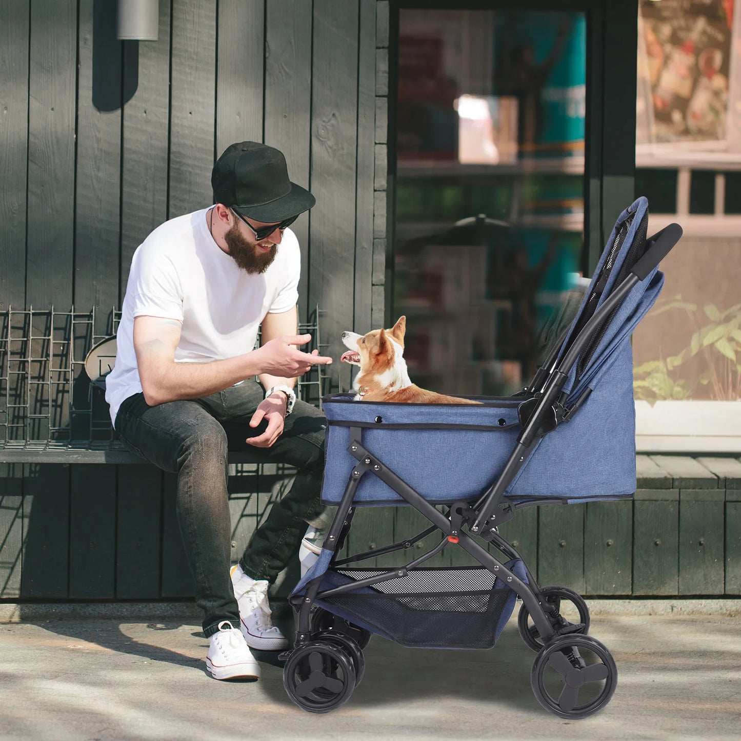 Medium Dog Pet Stroller With Poop Bags Reversible Handlebar