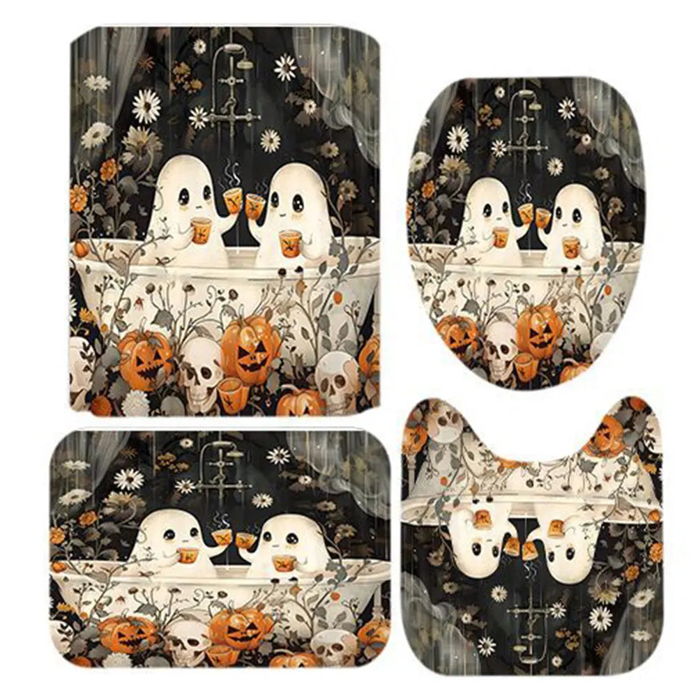 Cute Cartoon Ghost Shower Curtain Set Halloween Bath Decor