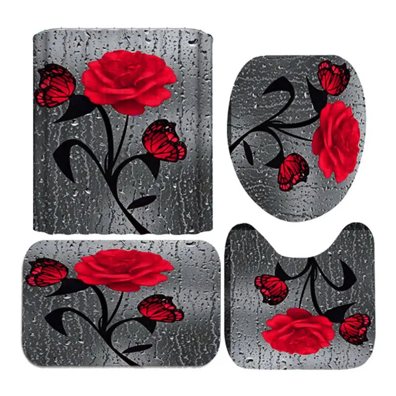 Four Piece Floral Polyester Bathroom Accessory Set Non Slip