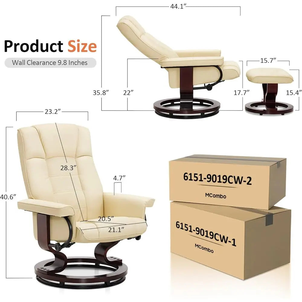Recliner With Ottoman Set For Small Spaces Cream White Faux Leather