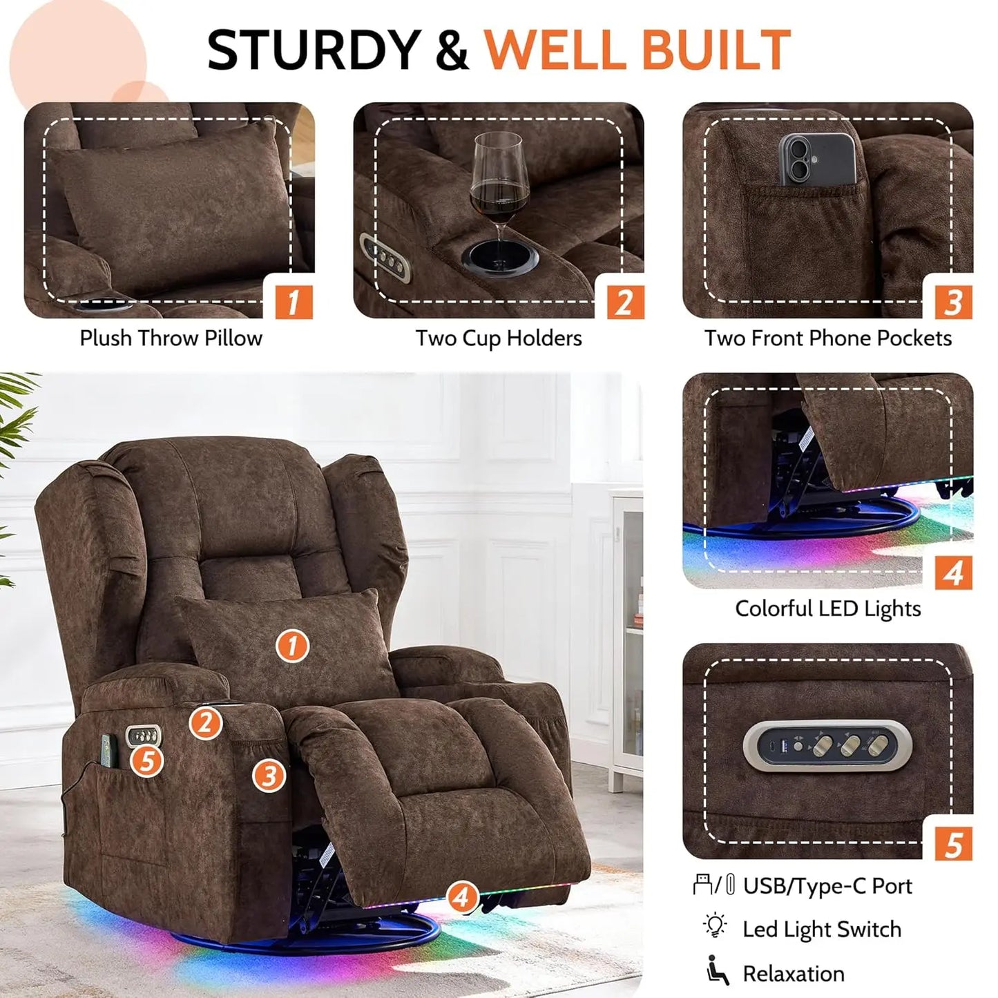 Dual Motor Power Wall Hugger Swivel Rocker Recliner Chair With Massage And Heat