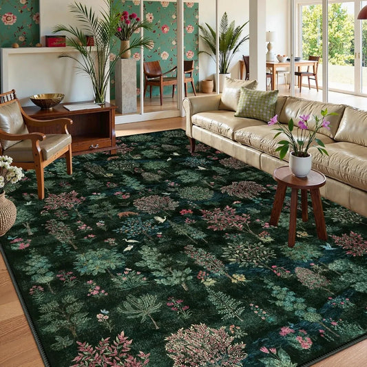 Forest Print Washable 8x10 Area Rugs Dark Green Rugs for Living Room Non Slip Ultra Thin Soft Boho Floral Bedroom Carpet