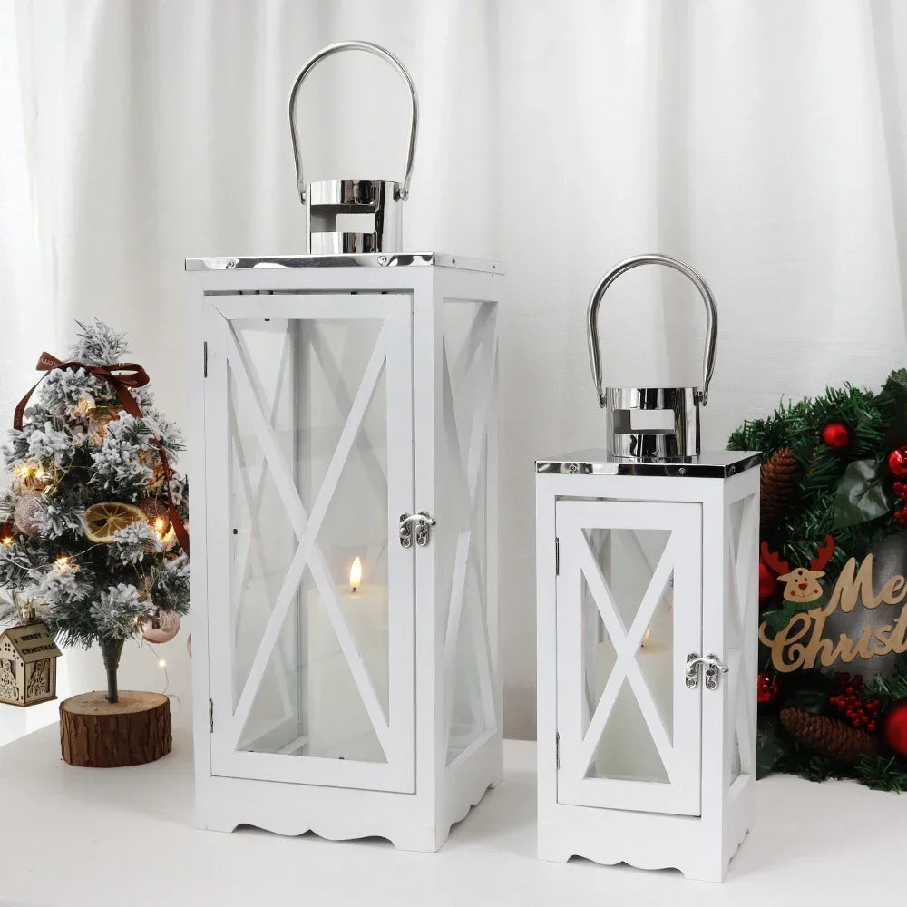Farmhouse Wood Lantern With Tempered Glass And Steel Handle