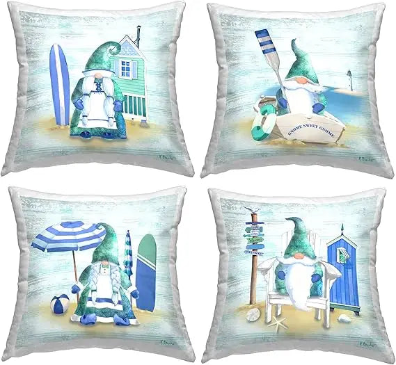 Blue Coastal Gnome Nautical Beach Activities Throw Pillow Set of 4 18 x 18 Inches