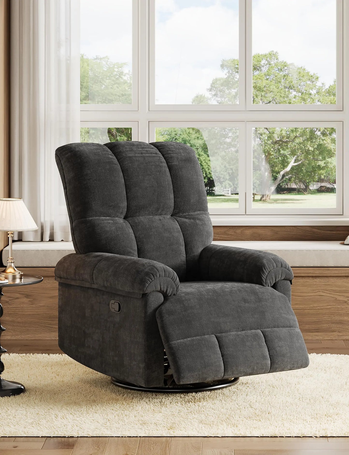 Oversized Overstuffed Chenille Recliner With Swivel Rocker And Padded Armrests