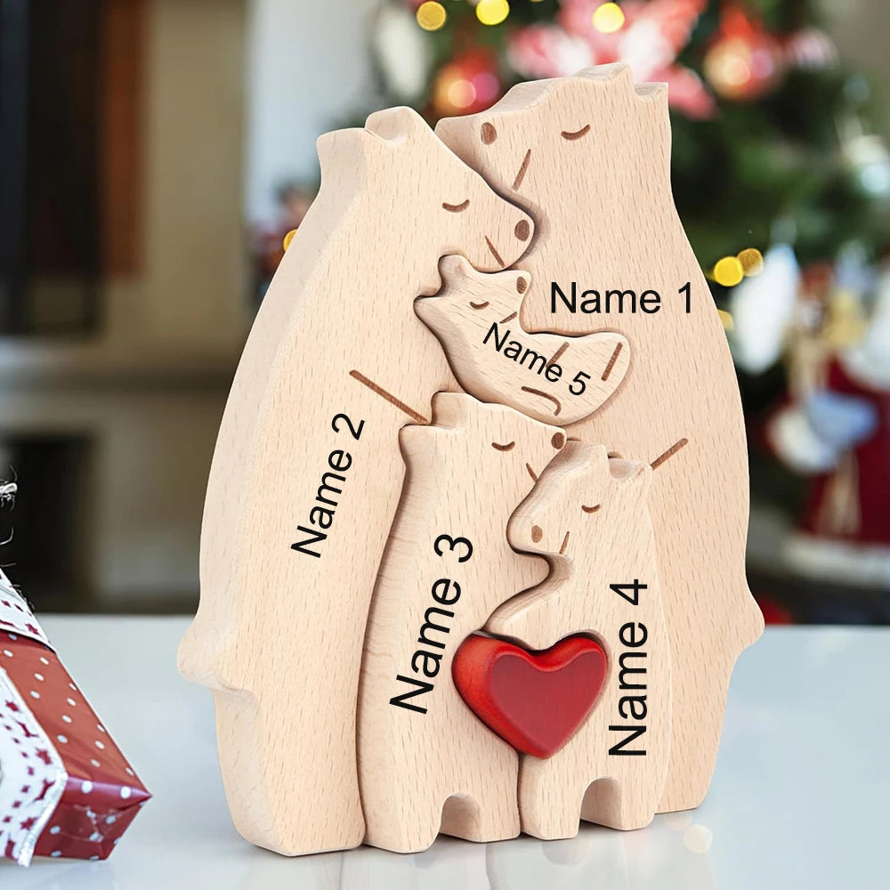 Personalized Custom Bear Family Wooden Puzzle DIY Free Engraving Name Sculpture Home Desk Decor Figurines Christmas Birthday Gift