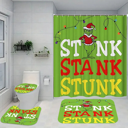Christmas Snowman Shower Curtain Set With Green Bath Mat