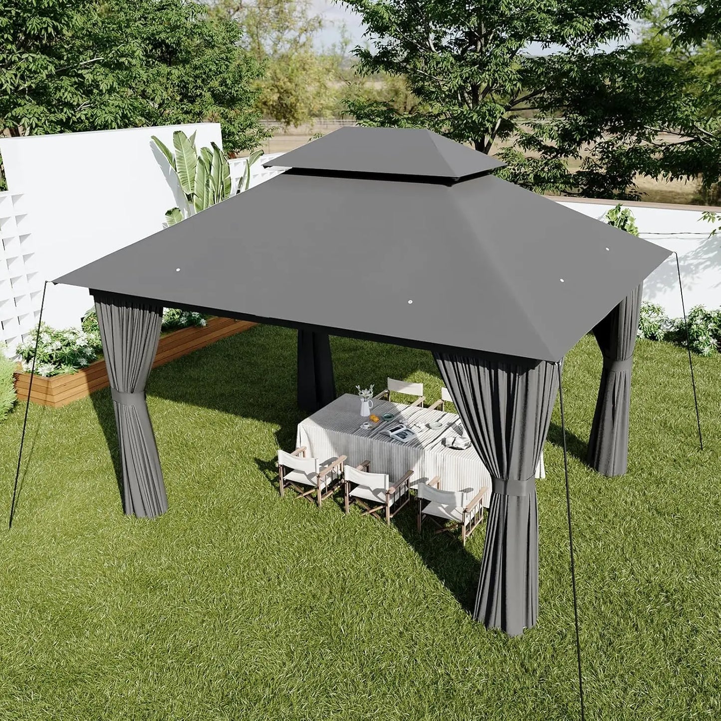 Outdoor Patio Gazebo 10x12 Wooden Frame Canopy With Double Roofs Mosquito Net