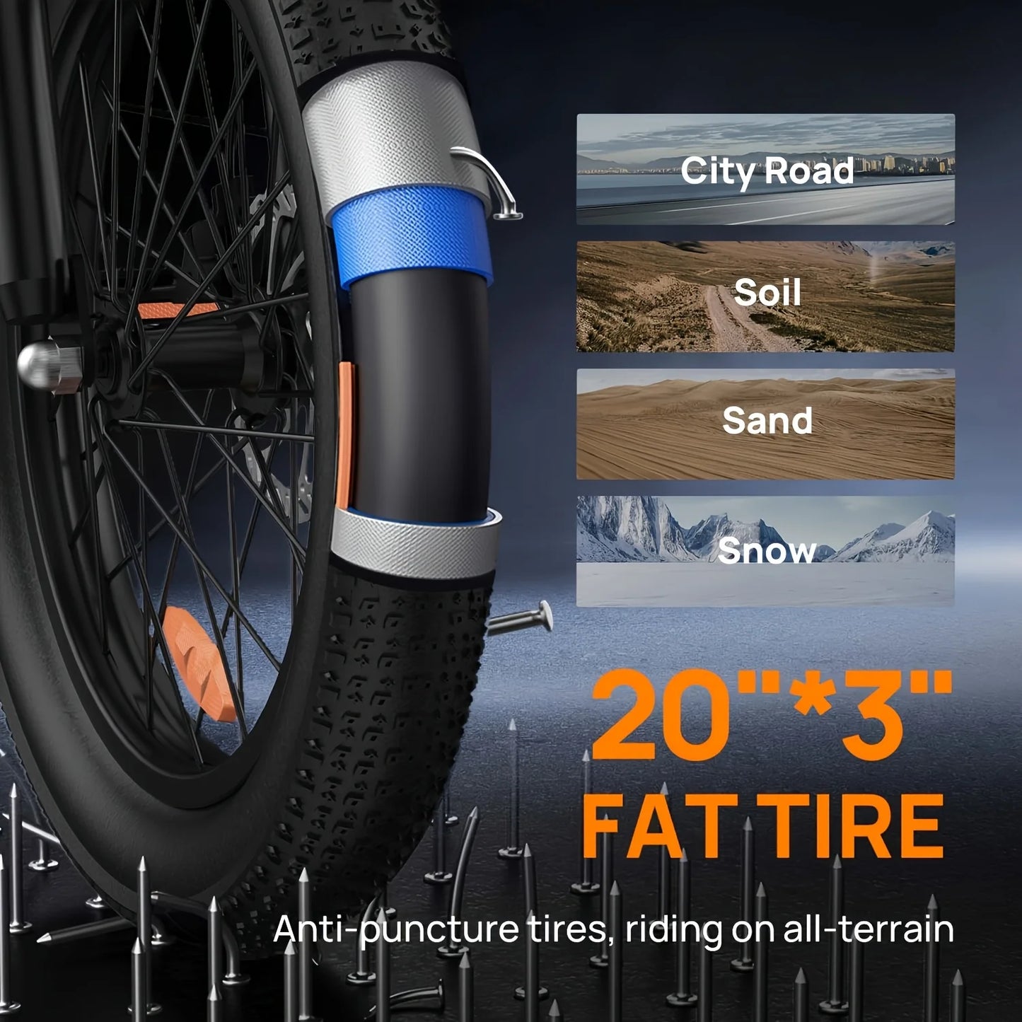 Urlife 1000W E20 Electric Bike 48V 13Ah Removable Battery Fat Tire 20x3 Brakes
