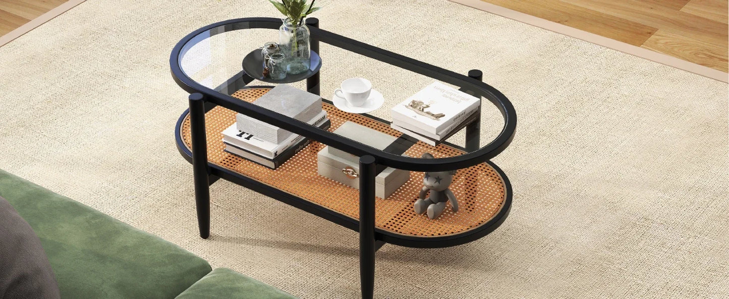 Rattan Coffee Table 2 Tier Acacia Wood With Glass Top Shelf