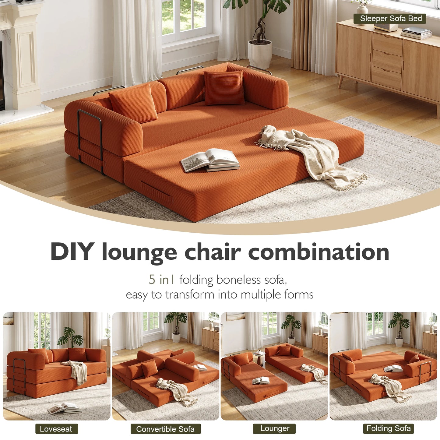 Convertible Floor Sofa Bed With Fixed Shape Frame 5 In 1 Living Room Sofa