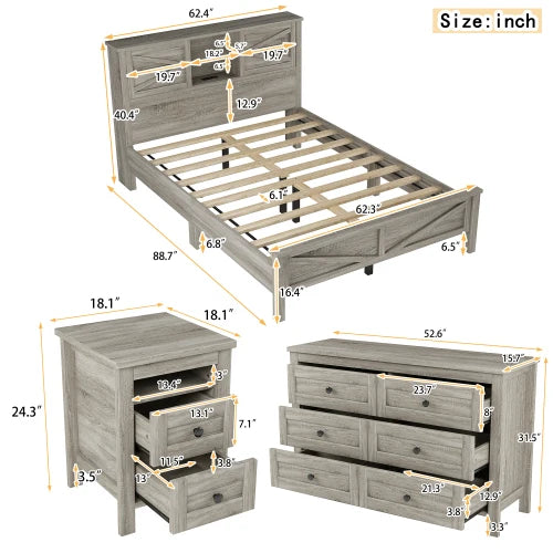 3 Piece Farmhouse Bedroom Set Queen Platform Bed Headboard Storage And Charging