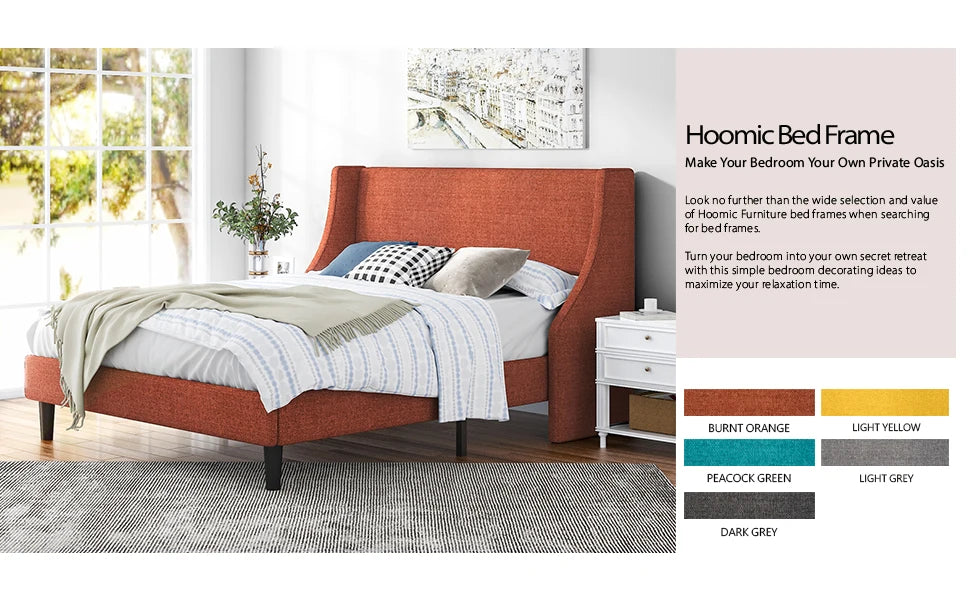 HOOMIC Fabric Upholstered Wingback Platform Bed with Headboard and Wood Slats