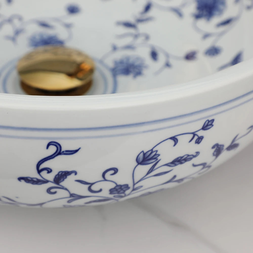 Hand Painted Ceramic Round Bathroom Basin Sink With Faucet