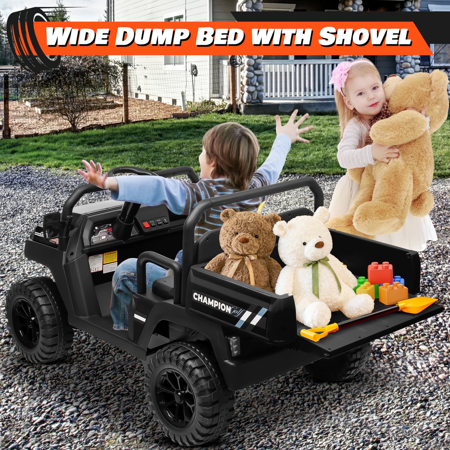 Joyracer 24V Ride On Car 4WD Dual Seater With Remote Control Dump Bed Shovel