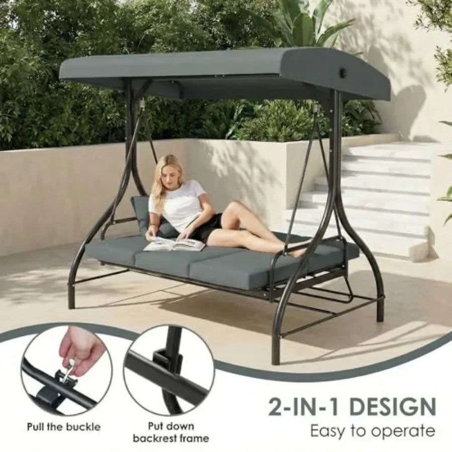 Three Seat Outdoor Patio Swing With Adjustable Canopy 2mm Steel Frame Brown