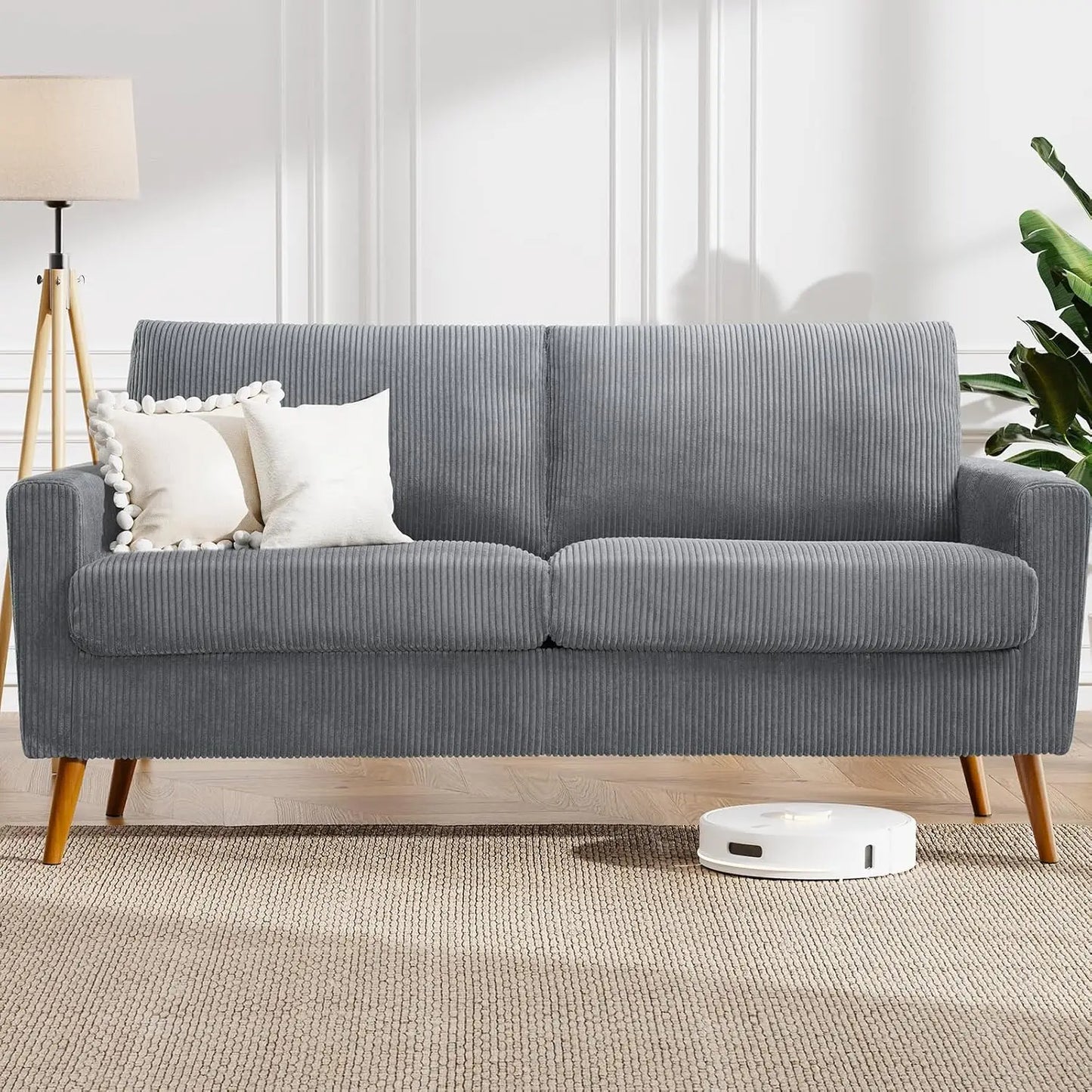 68 Inch Beige Corduroy Loveseat Sofa Mid Century Modern Small Love Seat