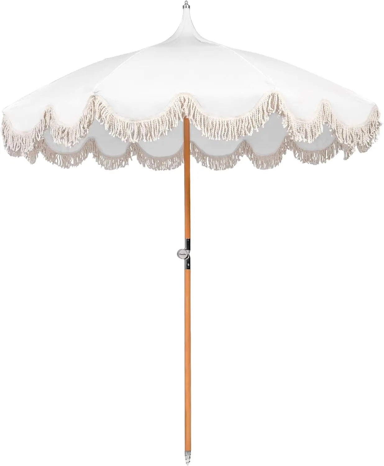 6.5ft Boho Beach Umbrella With Fringe UPF 50 Foldable Wood Pole Carry Bag