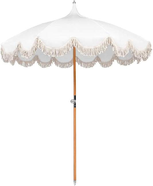 6.5ft Boho Beach Umbrella With Fringe UPF 50 Foldable Wood Pole Carry Bag