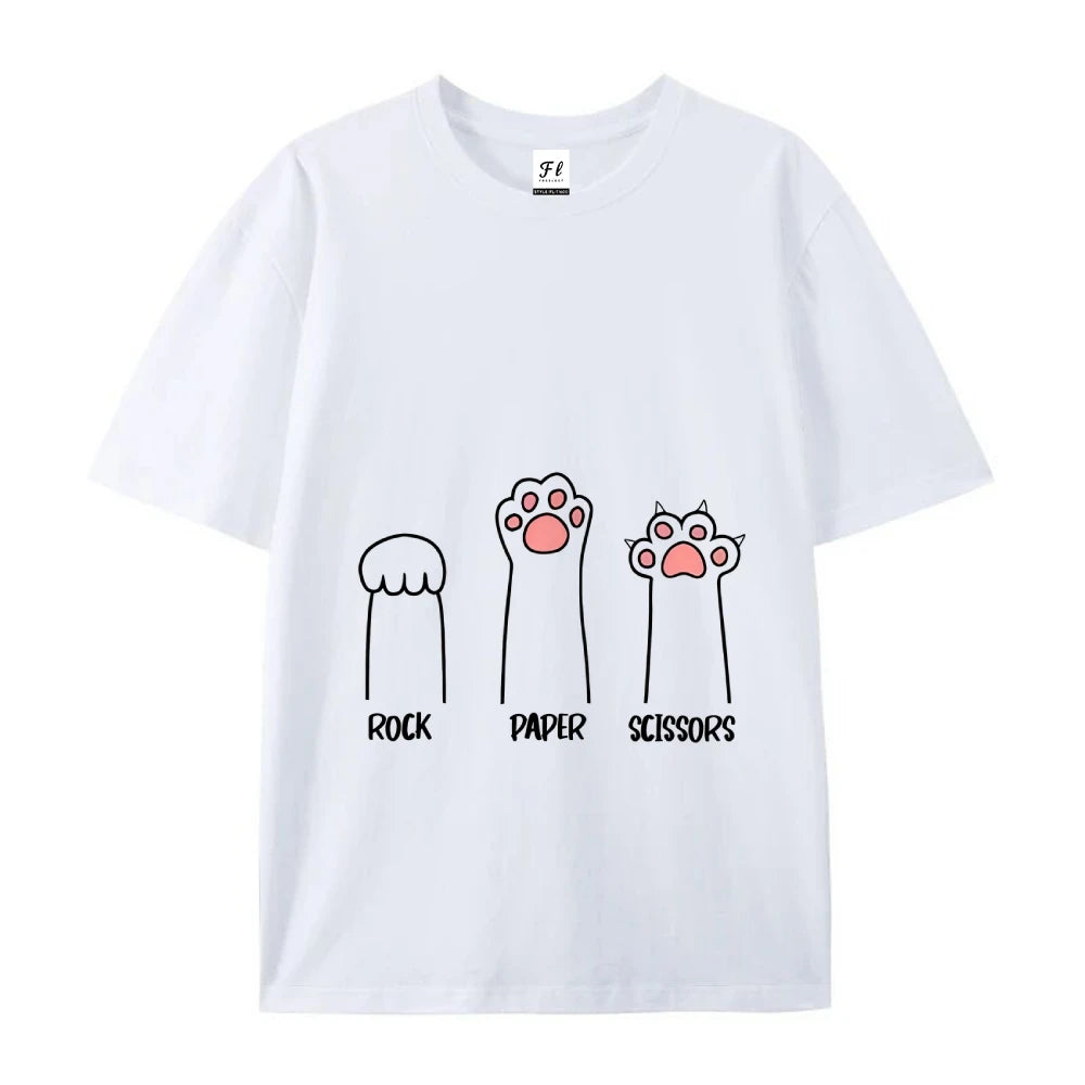 Rock Paper Scissors Cat Print T Shirt Women Oversize Cotton Summer Crewneck