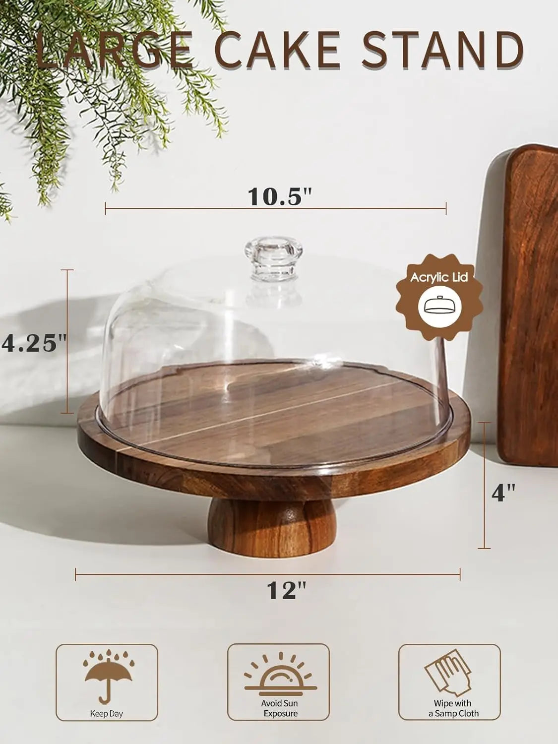 Acacia Wood Cake Stand Acrylic Lid 12 Inch Dessert Display