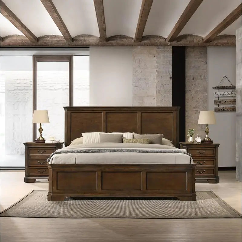 Three Piece Wood Bedroom Set With Queen Panel Bed And Two Nightstands
