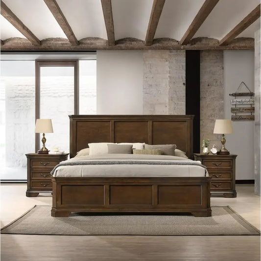 Three Piece Wood Bedroom Set With Queen Panel Bed And Two Nightstands