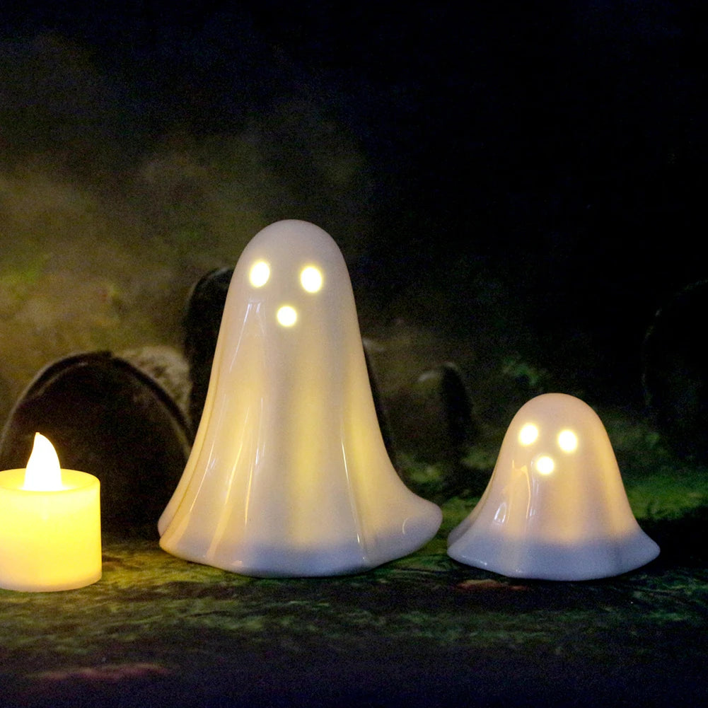 Halloween LED Light Up Ghost Decor Handmade Ceramic Ghost Sculpture Illuminated Desktop Decoration